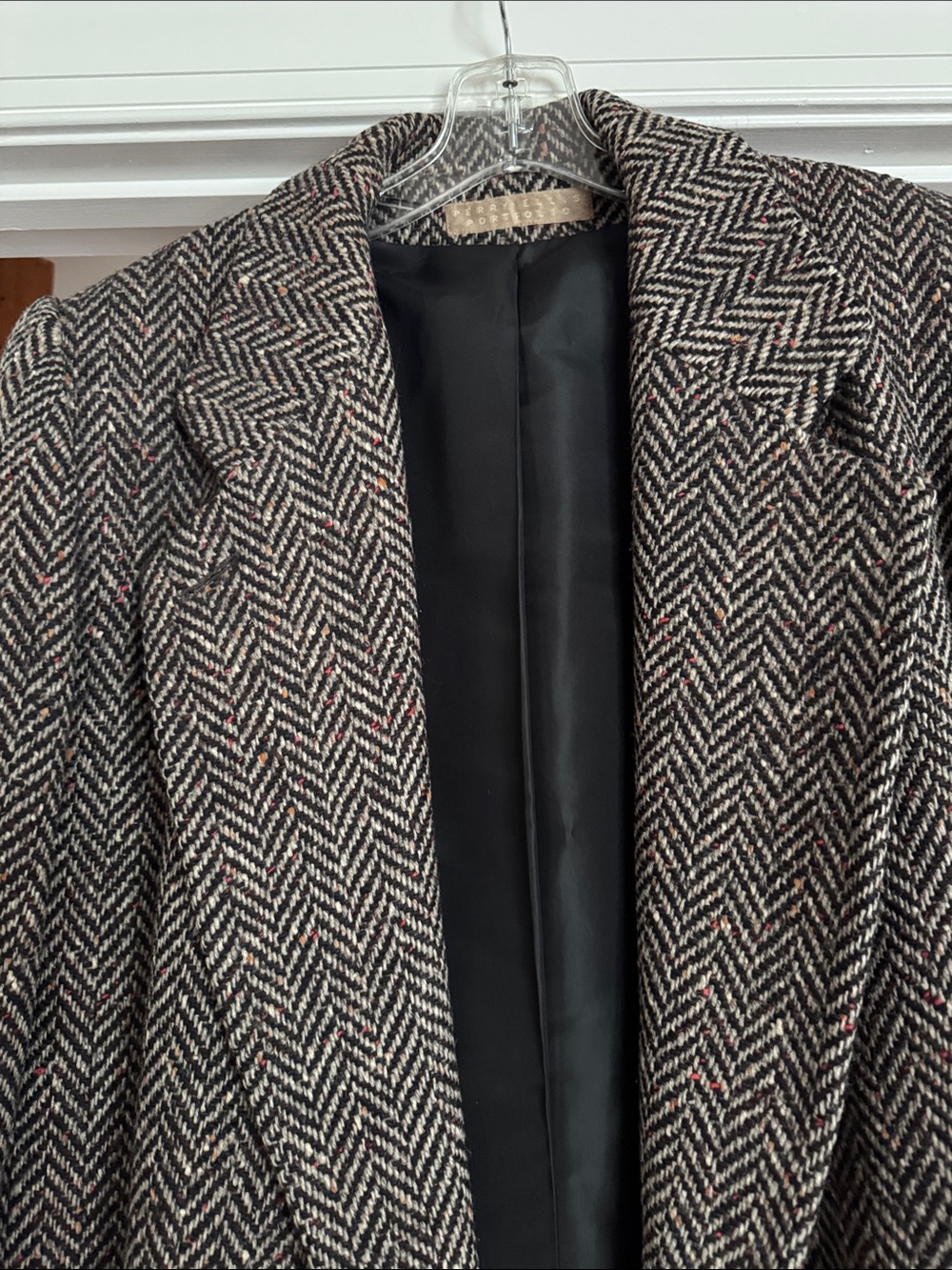 Perry Ellis, Herringbone Wool-Blend Long Coat in Black & Cream